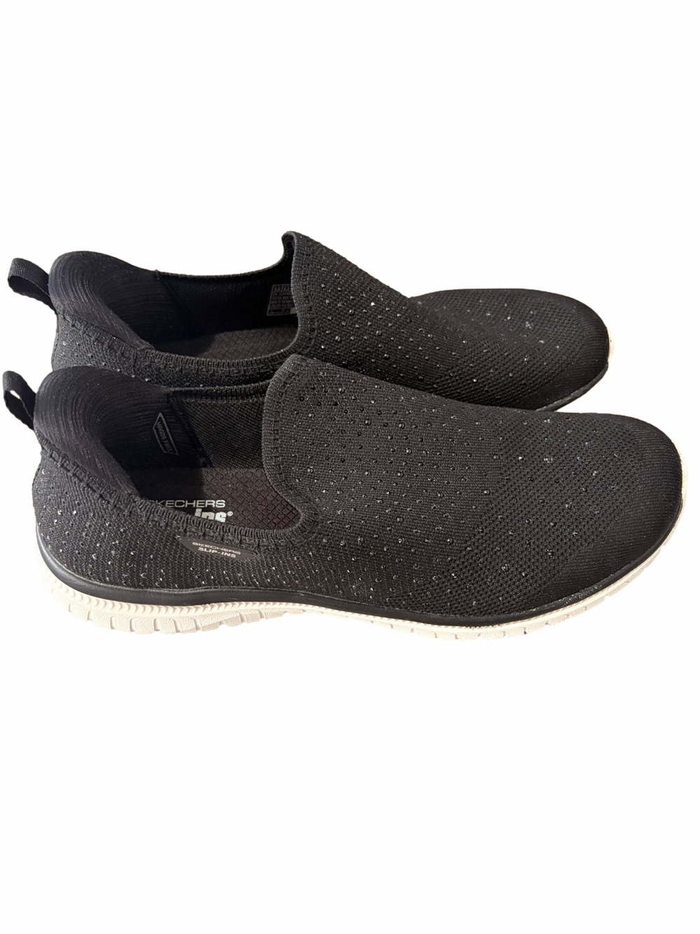 SKECHERS MARTHA STEWART BLACK SLIP-INS KNIT SNEAKERS WITH SPARKLE ACCENTS, 9.5